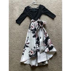 Three Quarter Sleeve High-Low Belted Black and Floral Dress